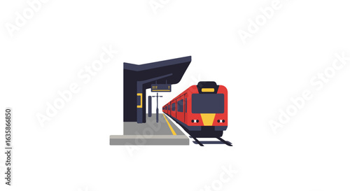Red train arriving at station, electronic schedule displayed, design element