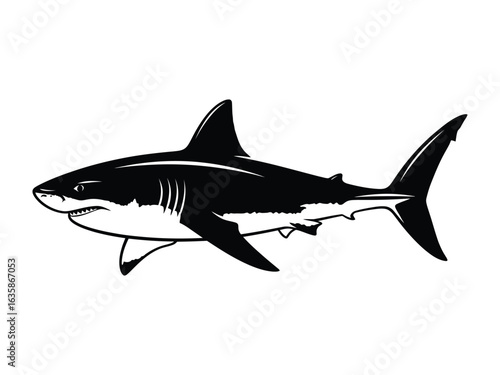 Great White Shark Silhouette: A striking monochrome image of a powerful great white shark, its streamlined body and iconic fin cutting through the ocean. A symbol of the underwater realm.