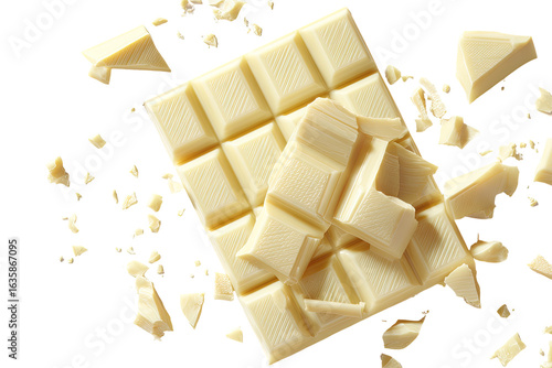 White chocolate bar, broken apart, scattered pieces