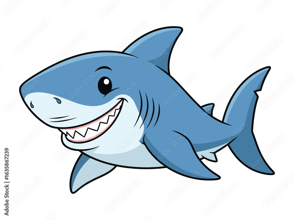 Cheerful Shark Illustration: A friendly, smiling shark illustration in a vibrant blue and white design. Perfect for educational materials, kid's products, and aquatic themes. Cheerful Shark Illustration: A friendly, smiling shark illustration in a vibrant blue and white design. Perfect for educational materials, kid's products, and aquatic themes.