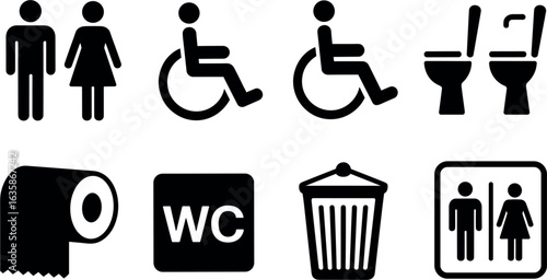 Collection of universal accessibility and restroom signage icons including male female wheelchair users toilet and trash receptacles