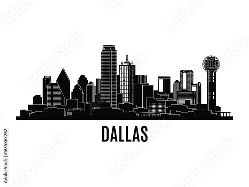 Dallas Skyline Silhouette: A sleek and stylish illustration of the Dallas skyline, showcasing its iconic buildings and modern architecture in a captivating silhouette.
