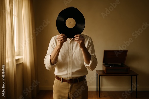 Vintage record lover hides face behind vinyl near retro player and window