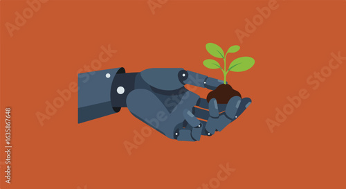 Robot hand holding plant for growth or new technology concept. Orange background