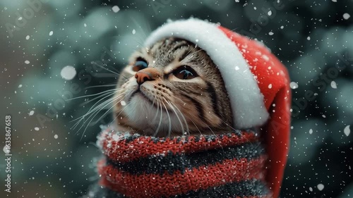 Christmas cat with snow hat Generative AI