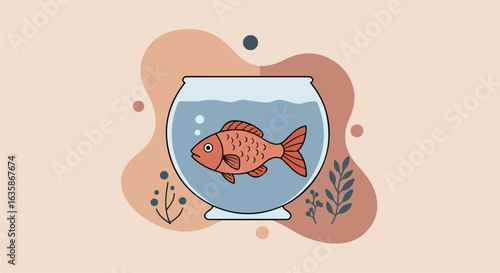Red fish swims in a fishbowl on a neutral toned background. Vector graphic use