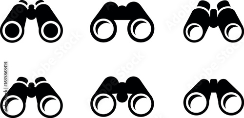Collection of six distinct black silhouette icons representing binoculars in various orientations and styles
