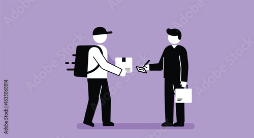 Courier Delivering Package as Customer Signs Form on a Light Purple Background