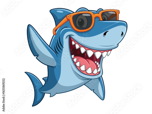 Cool Shark Illustration: A vibrant cartoon illustration of a shark wearing sunglasses and exhibiting a confident, friendly demeanor. Perfectly captures a sense of playful, summer fun. 