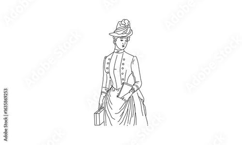 Wallpaper Mural Victorian-Era Woman Holding Books – Vintage Line Art Illustration Torontodigital.ca