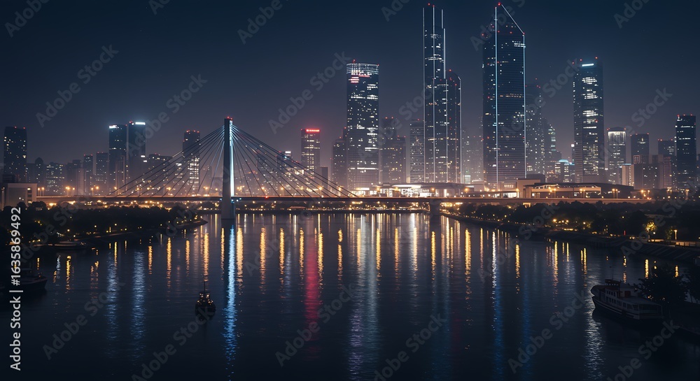Fototapeta premium Cityscape at Night Reflections on the Water Modern Urban Landscape with a Bridge and Skyscrapers Shimmering Lights in Guangzhou China