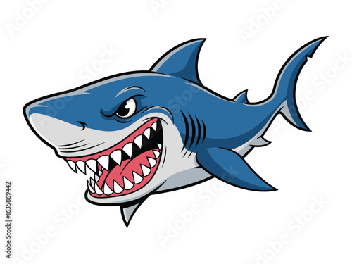 The cartoon shark is an illustration that conveys a sense of ferocity and predatory nature. The artwork, with its bold lines and vibrant colors.