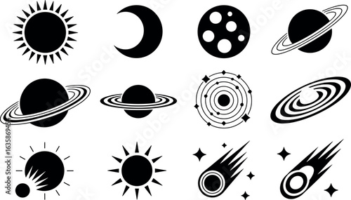 Collection of stylized celestial bodies including suns moons planets galaxies and comets in a black and white graphic design