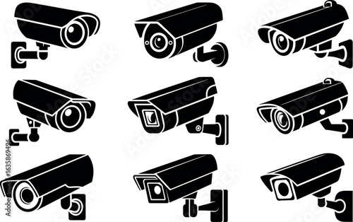 Collection of nine black and white vector illustrations of various security surveillance cameras mounted on walls