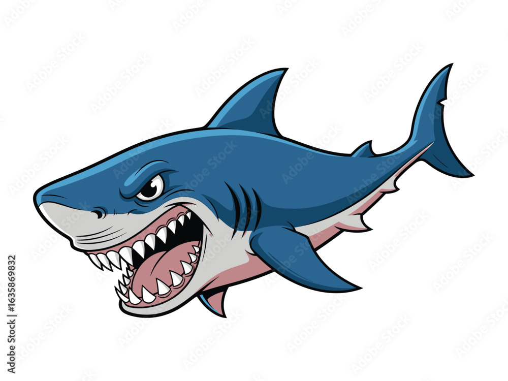 Fototapeta premium Fierce Aquatic Predator: A cartoon illustration of a powerful shark, showcasing its sharp teeth, intense gaze, and menacing posture in a striking visual.