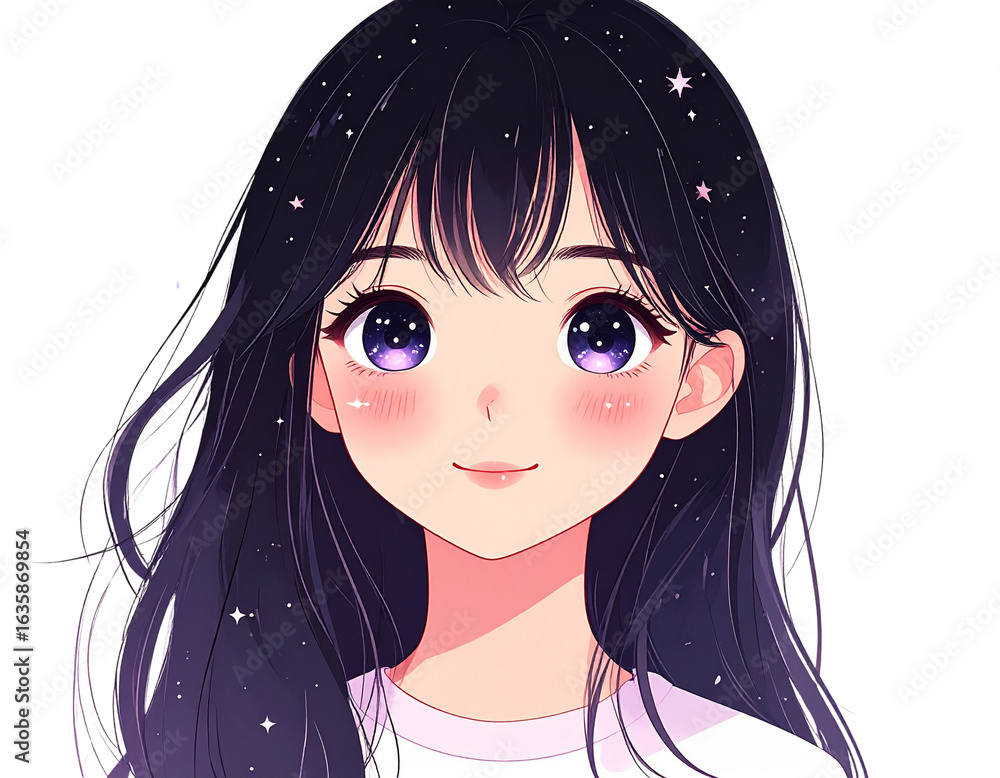 Obraz premium Closeup portrait of a smiling anime girl with long starry black hair and cosmic purple eyes.