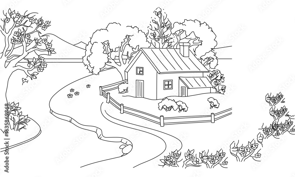 Obraz premium Countryside Cottage Scene – Hand-Drawn Line Art of Rural Landscape and Nature