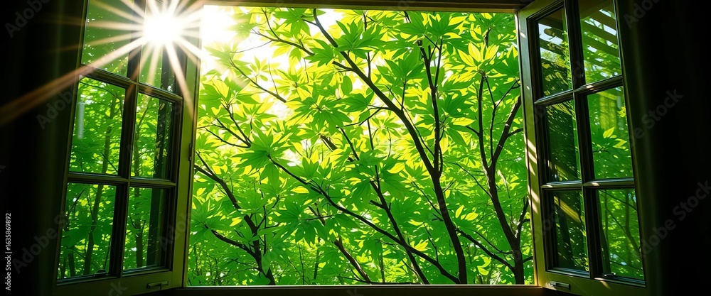 Obraz premium Sunlight streams through an open window, illuminating vibrant green spring foliage, scenery, landscape