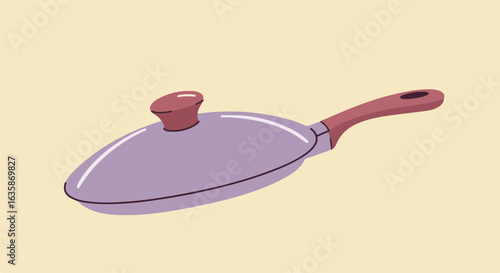 Covered skillet on plain background for food blog, cooking lesson, cookware sale