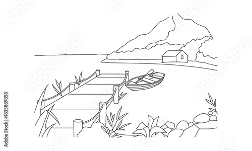 Serene Lakeside Scene – Hand-Drawn Line Art of Dock, Boat, and Mountain Landscape