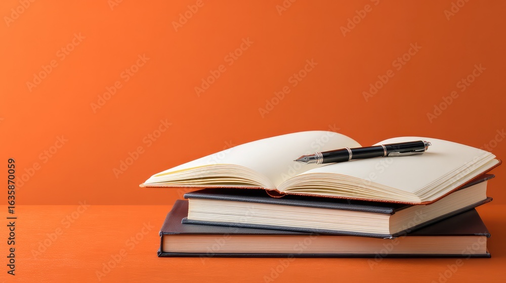 Fototapeta premium A metal pen is placed on the blank page of an open notebook, and the lively orange background can inspire creativity.
