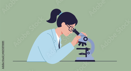 Scientist examines under microscope on olive background for medical research