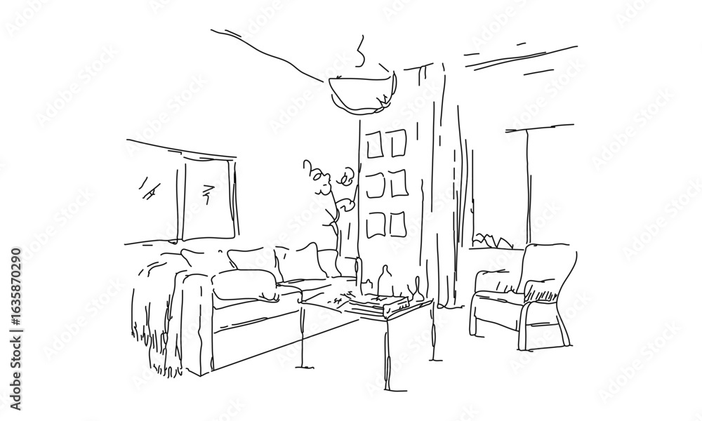 Obraz premium Minimalist Line Drawing of a Modern Living Room Interior