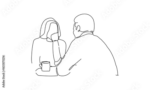 Minimalist Line Art of Two People Having a Conversation Over Coffee
