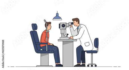 Eye exam, optometrist examining a patient using a slit lamp in white clinic