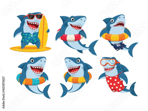 Shark's Summer Fun: A lively collection of charming shark cartoon characters, each joyfully embracing the summer season with an assortment of beach-themed accessories and outfits.