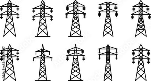 Collection of ten distinct black and white silhouette illustrations of electricity pylons against a white background