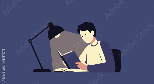 Student reading book under lamp at desk at night. Education, study, learning