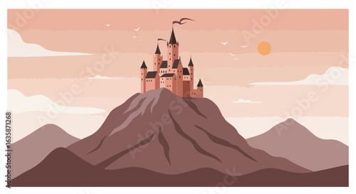Cartoon castle on hilltop, sun sets, birds fly, dreamscape scene, fairytale illustration