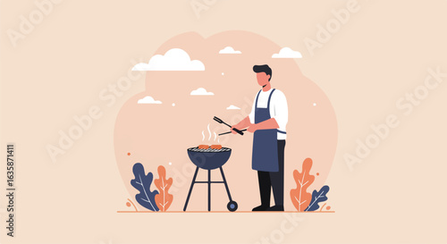 Man grilling on backyard BBQ, clouds in background. For summer cards and promotion