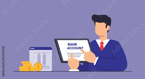 Digital Bank Tablet User, Account Access, Coins, Background Browser Window