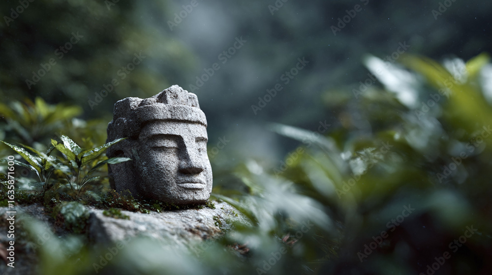 Obraz premium Ancient stone head amidst lush greenery. Serene sculpture, symbolizing peace, meditation, and cultural heritage. Ideal for travel, history, or spiritual themes.