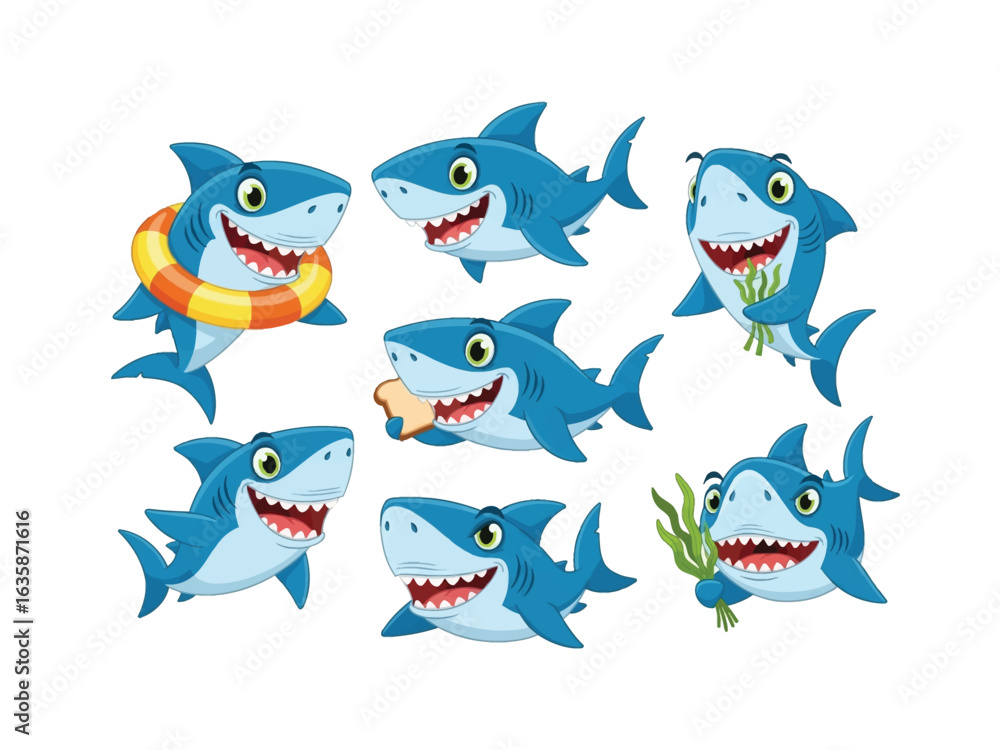 Obraz premium Playful shark characters: Adorable cartoon sharks in various poses and expressions, perfect for children's illustrations and ocean-themed projects. Capturing happiness and playful spirits. 