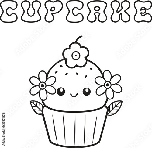 Cute kawaii cupcake coloring page for kids, black and white vector illustration of smiling sweet dessert, cartoon-style cupcake line art, fun printable worksheet for children’s creative coloring 