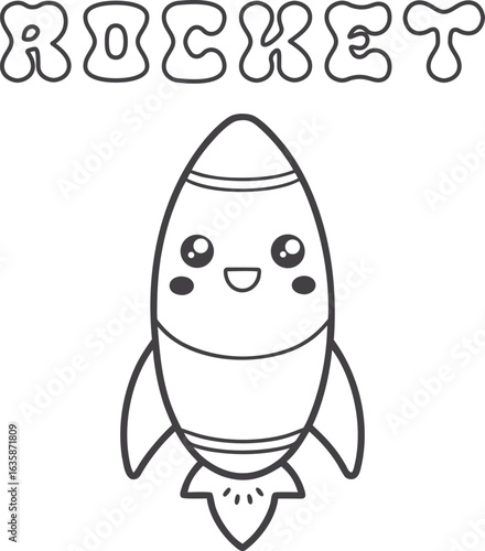 Cute kawaii rocket coloring page for kids, black and white vector illustration of smiling rocket ship, cartoon-style space vehicle line art, fun printable worksheet for children’s creative coloring ac