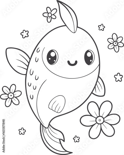 Cute kawaii fish coloring page for kids, black and white vector illustration of smiling fish, cartoon-style sea animal line art, fun printable worksheet for children’s creative coloring activities