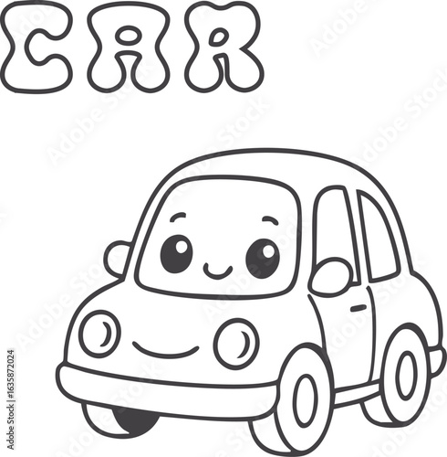Cute kawaii car coloring page for kids, black and white vector illustration of smiling vehicle, cartoon-style automobile line art, fun printable worksheet for children’s creative coloring activities