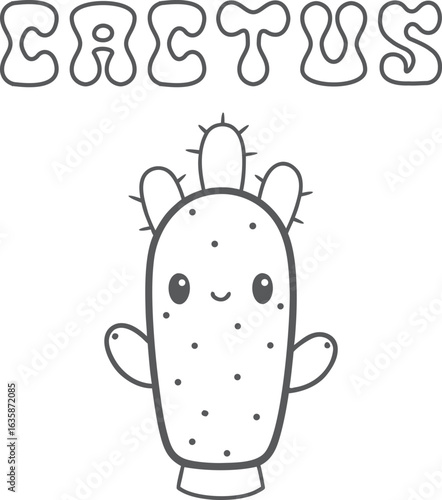 Cute kawaii cactus coloring page for kids, black and white vector illustration of smiling succulent plant, cartoon-style desert plant line art, fun printable worksheet for children’s creative coloring
