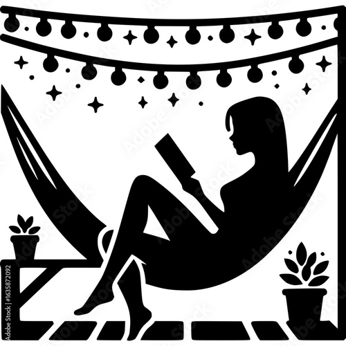 Serene Solitude: A woman finds solace and comfort as she retreats to a hammock to get lost in a book. Illustrated against the background of nature with stars. 