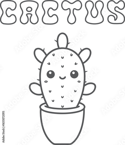 Cute kawaii cactus coloring page for kids, black and white vector illustration of smiling succulent plant, cartoon-style desert plant line art, fun printable worksheet for children’s creative coloring