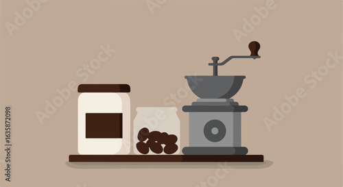 Coffee beans on shelf with jar and grinder. Simple background for graphic design use