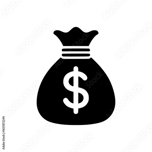 Money Bag Icon: A simple yet evocative vector illustration featuring a classic money bag, with a prominent dollar sign. Symbolizing finance, wealth and savings.