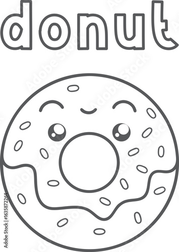 Kawaii cute donut coloring page for kids, black and white vector illustration of smiling dessert with frosting and sprinkles, cartoon-style line art, fun printable worksheet for children’s coloring ac