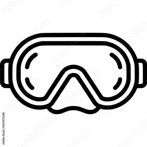 Diving mask: a close-up image of a diving mask, a piece of equipment with a black outline, featuring two eye openings and a nose section.