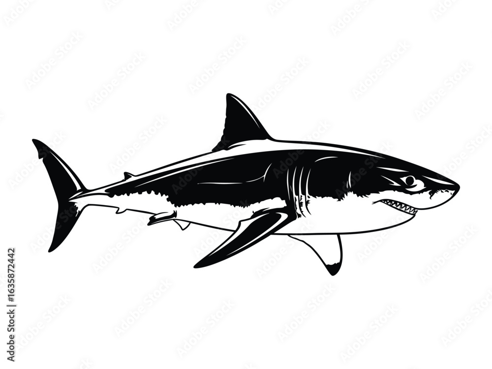 Naklejka premium Shark Illustration: A striking monochrome illustration of a shark, with sharp details that emphasize its predatory nature and streamlined form.