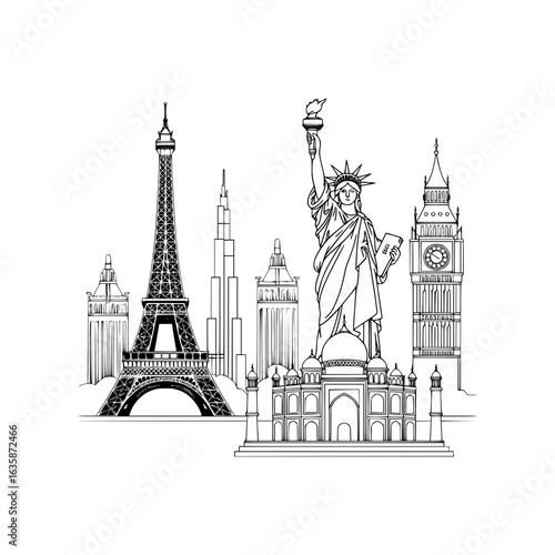 Iconic Landmark Montage: A detailed and stylized monochrome illustration showcases a collection of iconic architectural landmarks from around the world.